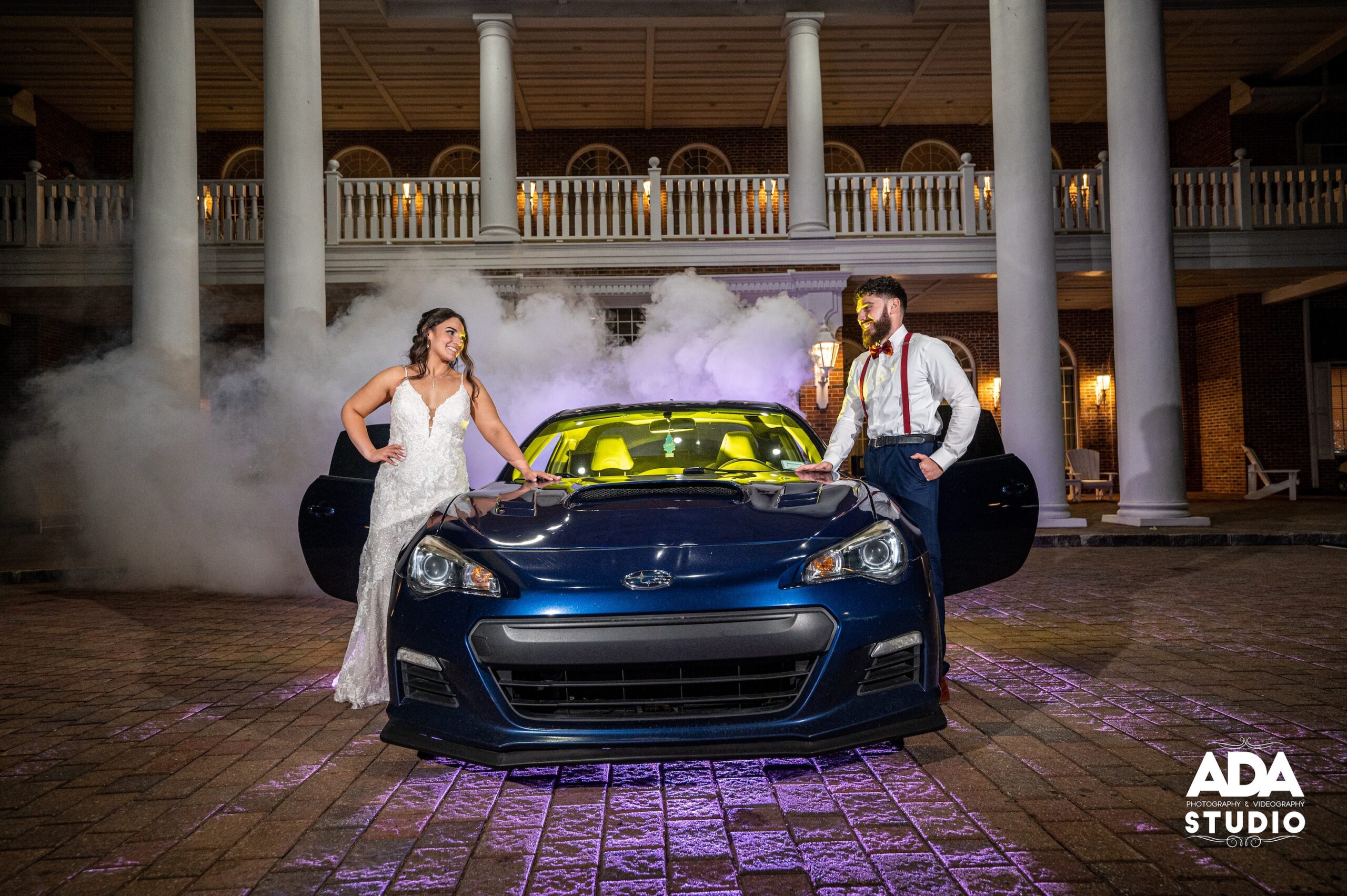 Veranda - Bride and Groom front of hotel with car