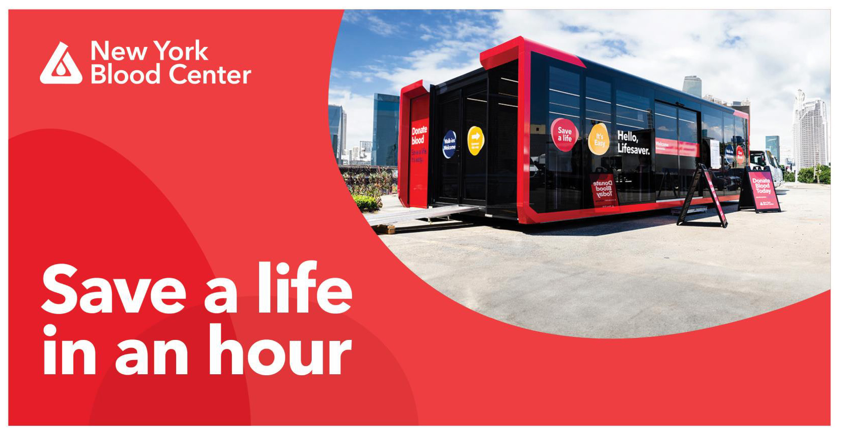 Mobile blood donation center promoting life-saving actions.