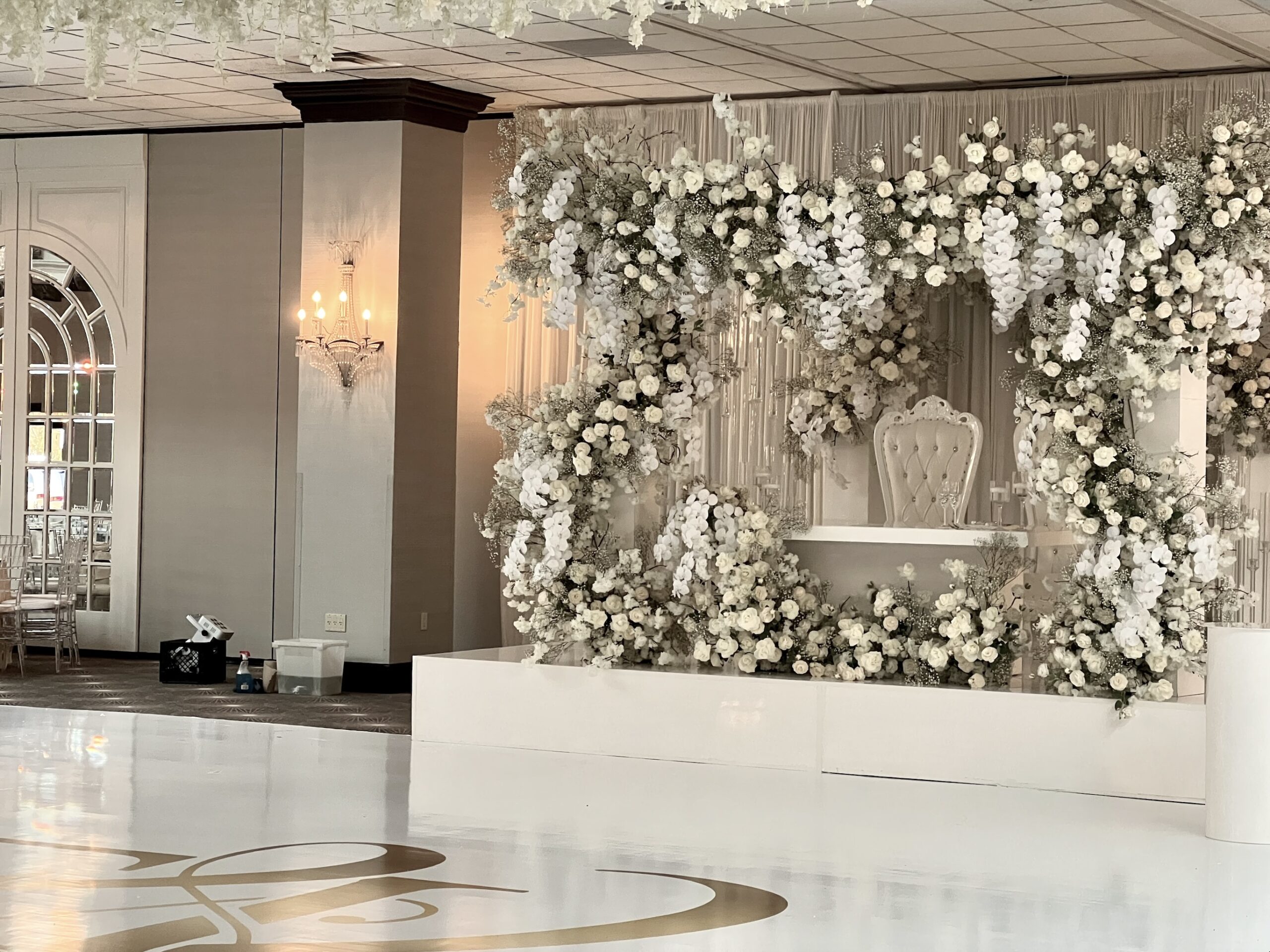 Elegant floral wedding backdrop with white flowers.