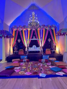 Colorful festive decor for an elegant event setup.