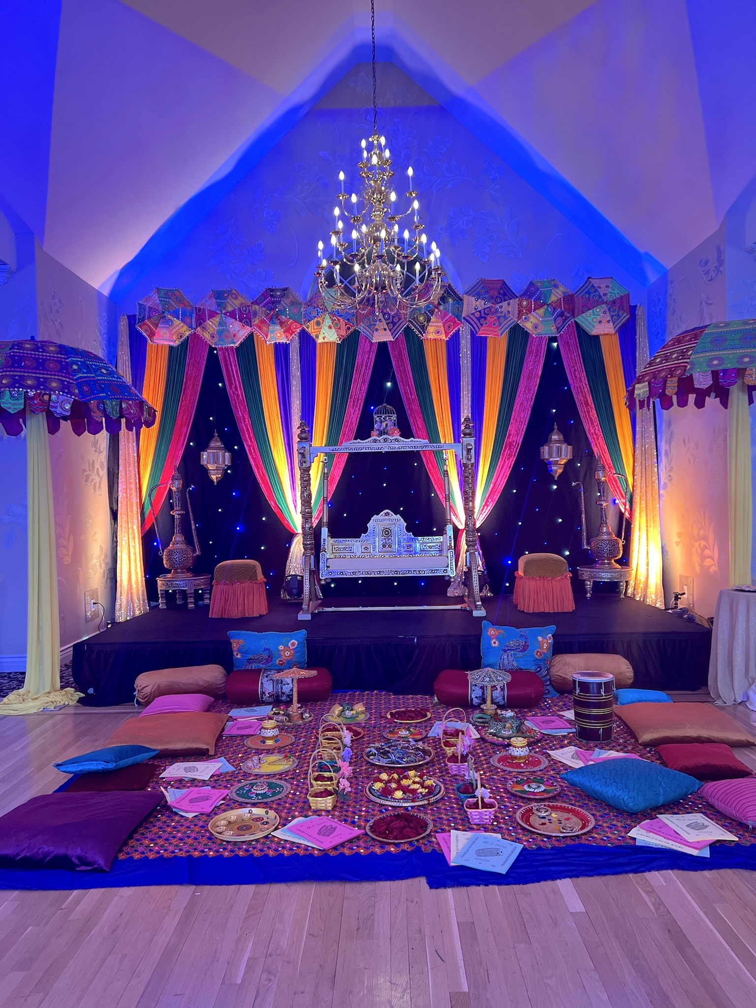 Colorful festive decor for an elegant event setup.