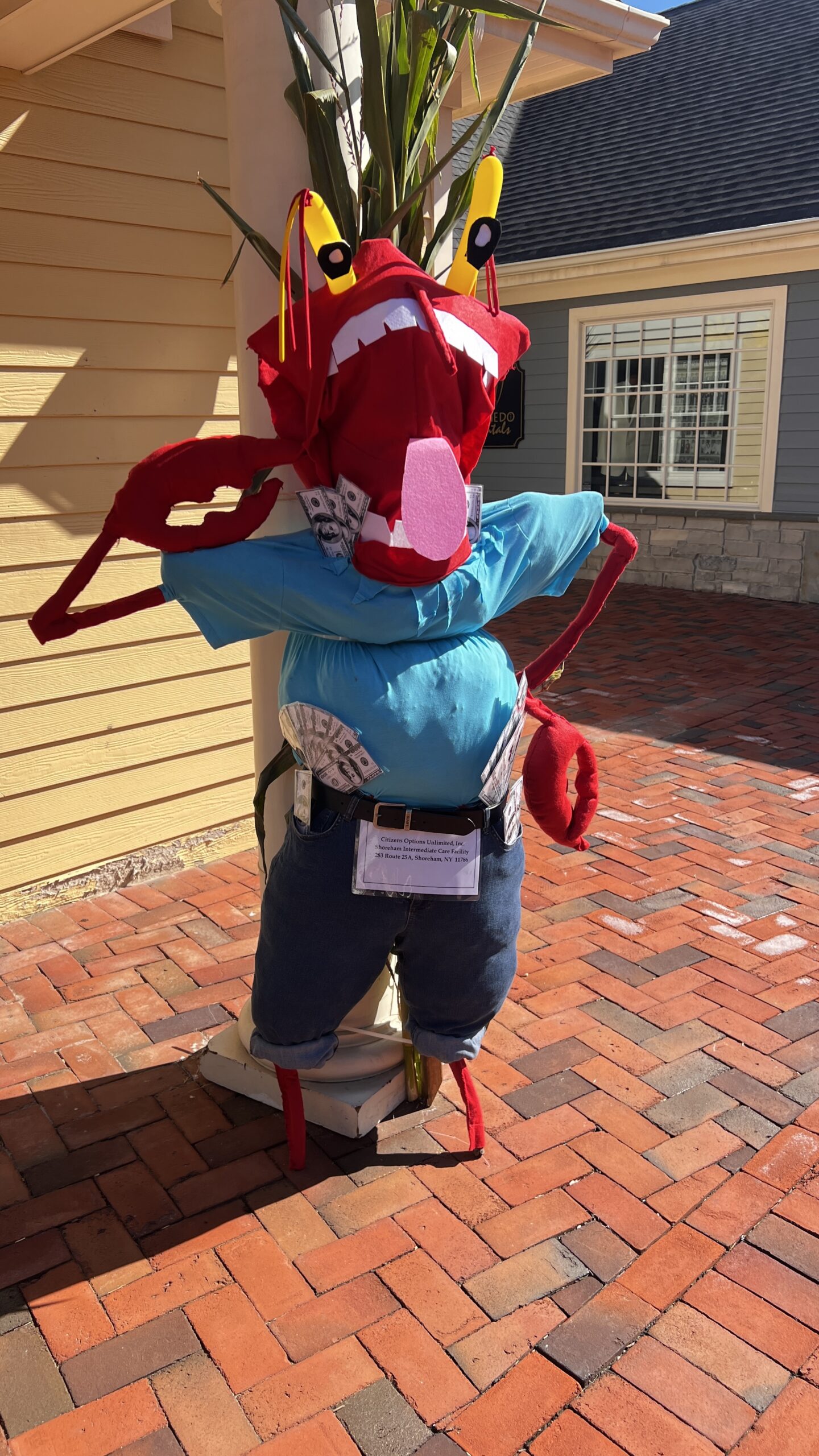 Quirky crab scarecrow on brick path