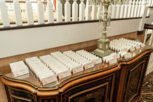 Wedding seating cards displayed elegantly.