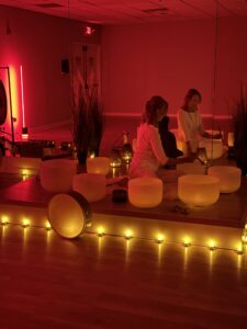 Meditation room with soothing red lighting.