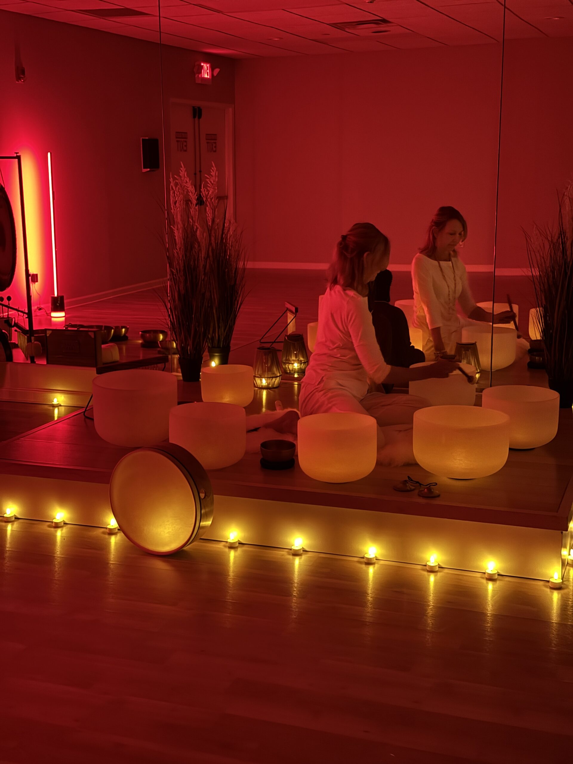 Meditation room with soothing red lighting.
