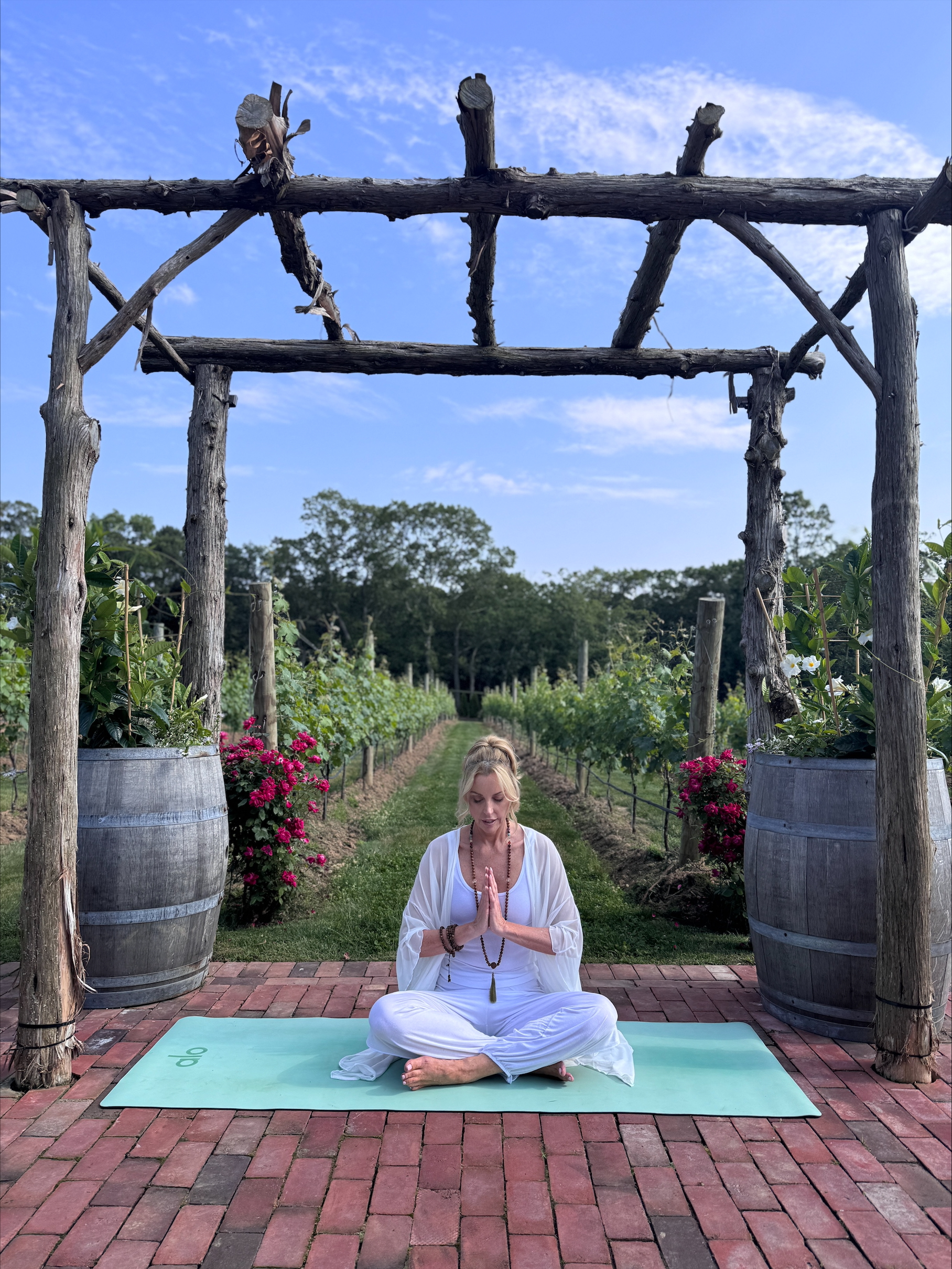 Yoga meditation in a vineyard setting.