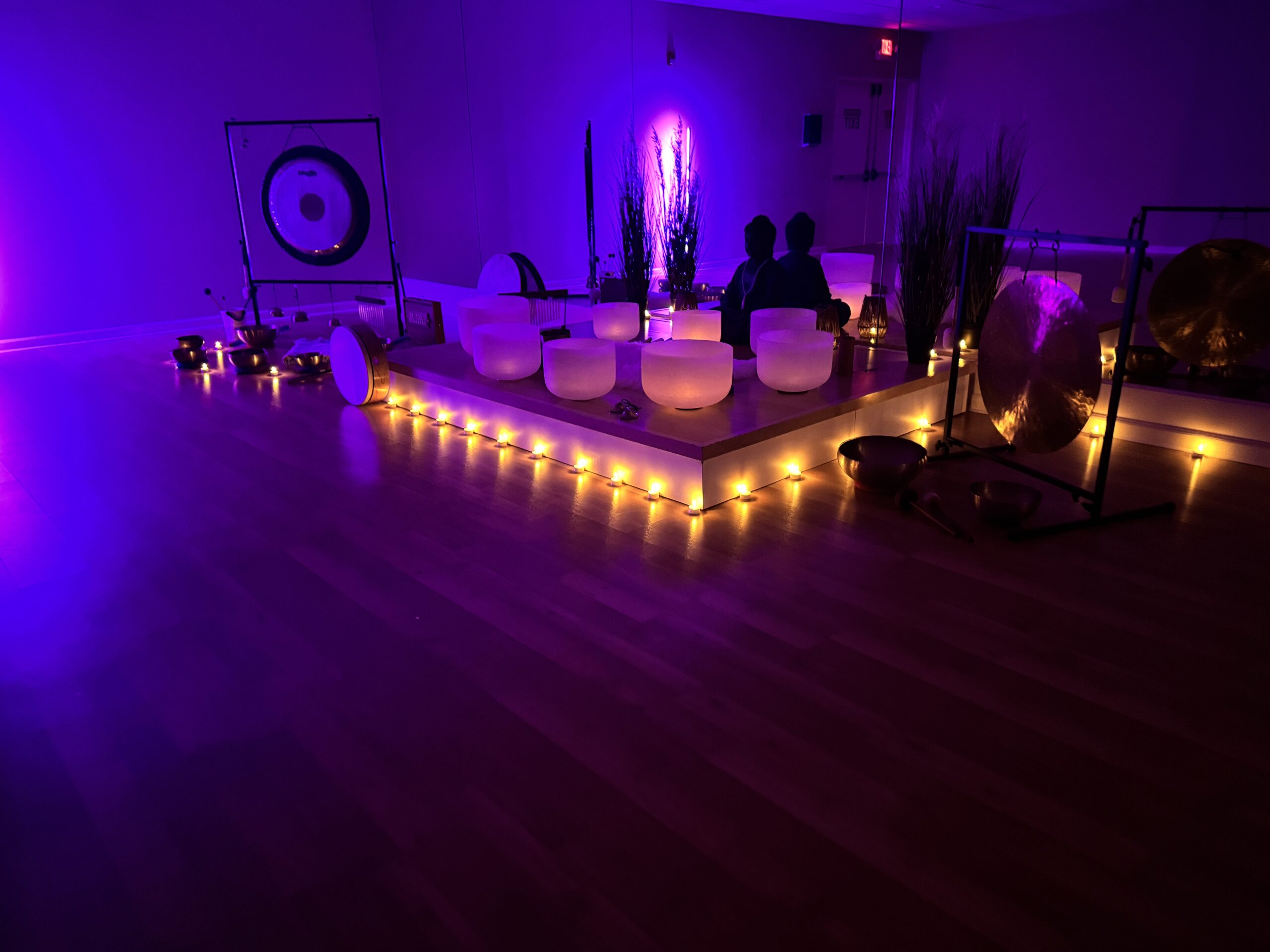 Meditation room with glowing purple lights
