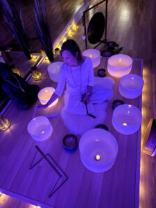 Meditation with glowing sound bowls