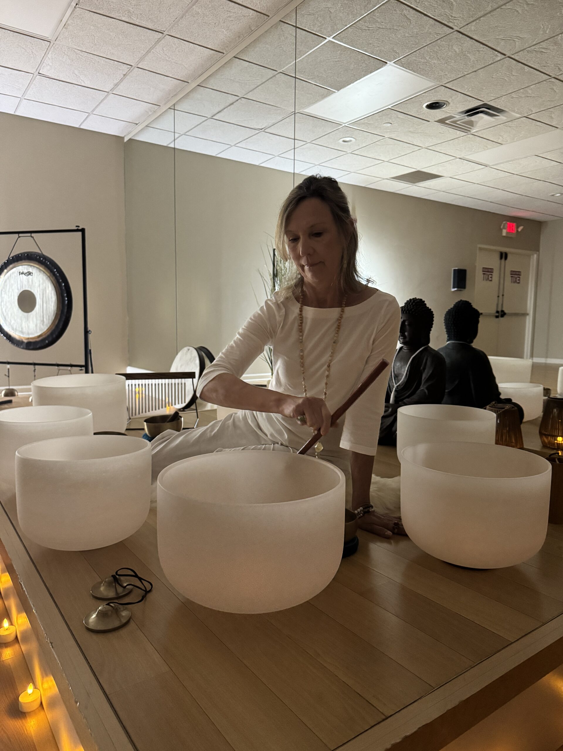Sound healing session with crystal bowls.