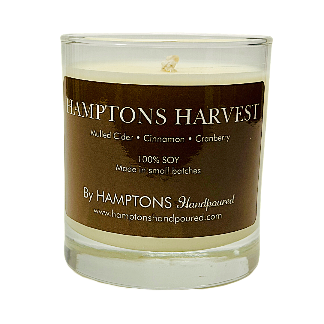 Soy candle labeled Hamptons Harvest