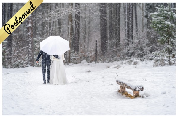 Winter wedding postponed, snowy couple walking