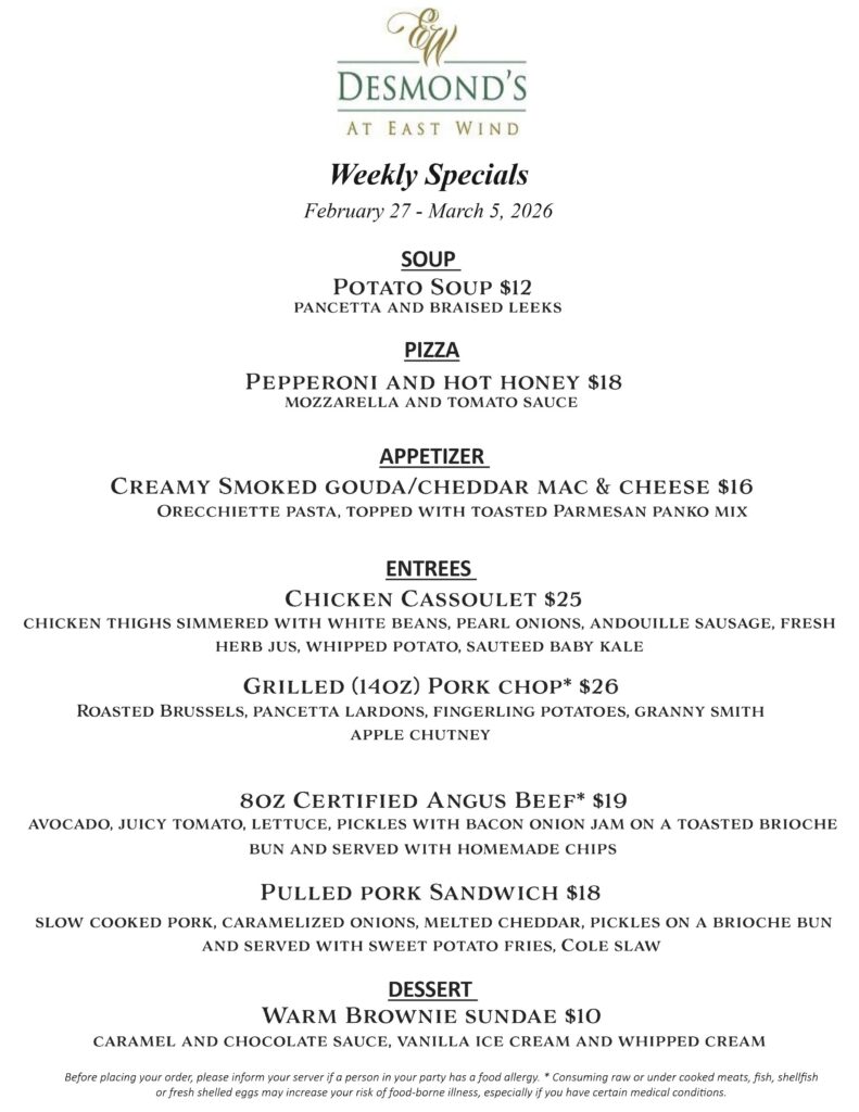 Desmond's Weekly Specials Menu Feb-Mar 2026