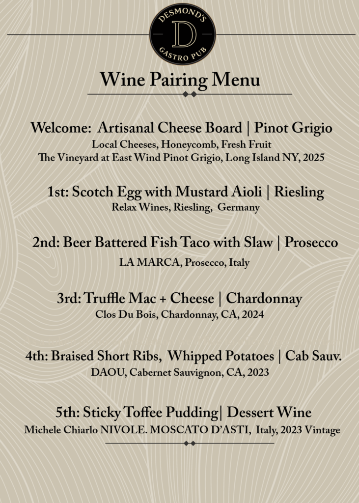 Desmond's Wine Pairing Menu