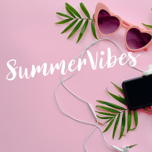 Summer vibes: sunglasses, phone, leaves, pink.